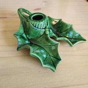 Holland Mold Holly‎ Leaf Candle Holder Christmas Holiday Green & Blue Ceramic
